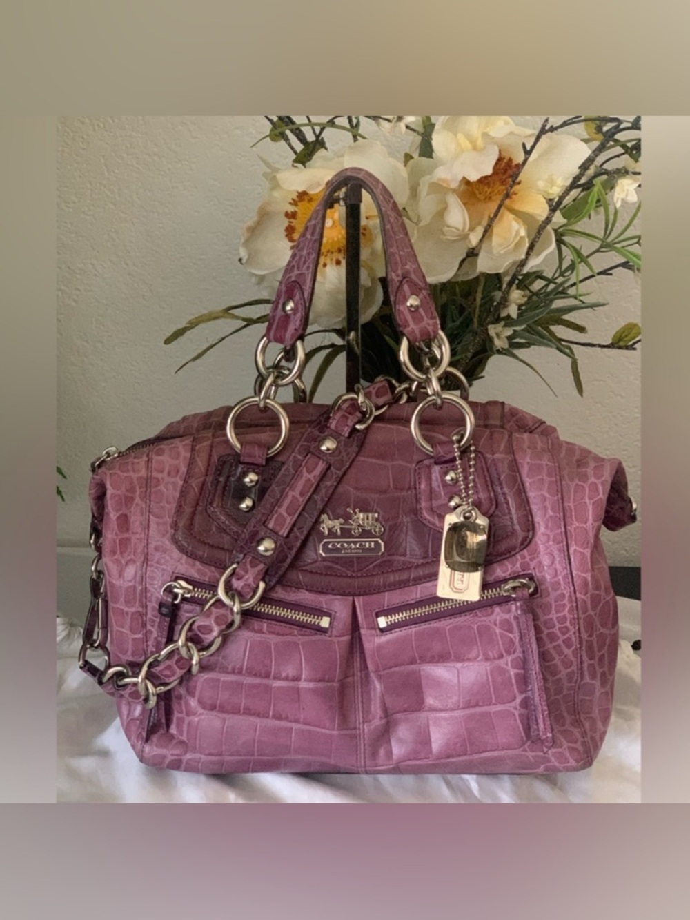 RARE HTF Coach Pink Madison Audrey Croc-Embossed Leather SATCHEL / Shoulder Bag